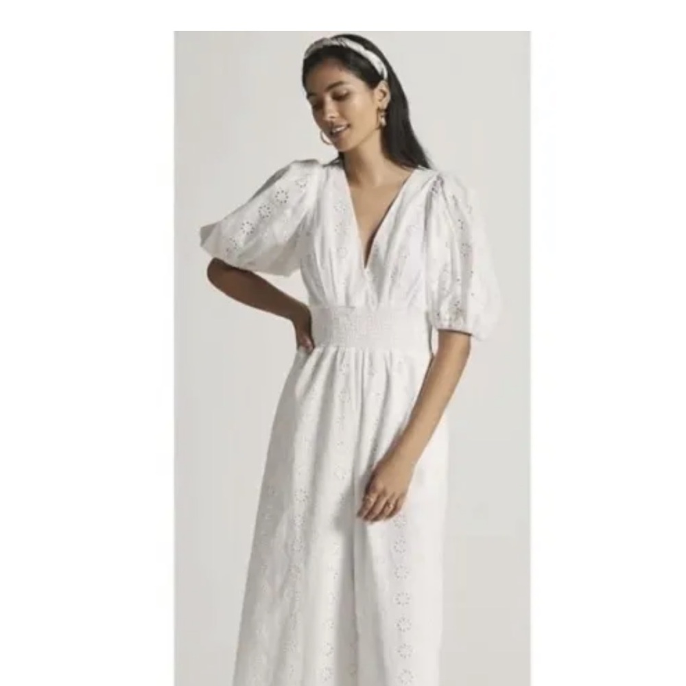 Anthropologie Hutch Smocked-Waist Eyelet White Jumpsuit Size Large